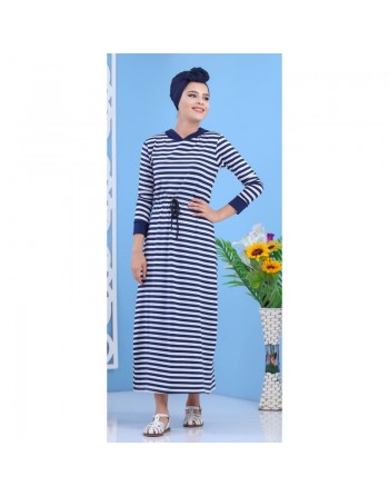 Robe décontractée à capuche pas cher pour femme - Rayures blanches et bleues 