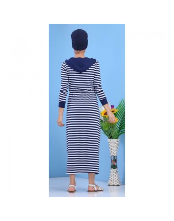 Robe décontractée à capuche pas cher pour femme - Rayures blanches et bleues 