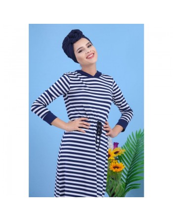 Robe décontractée à capuche pas cher pour femme - Rayures blanches et bleues 