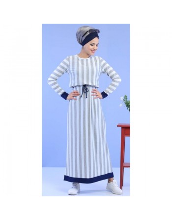 Robe pas cher longue décontractée à rayures grises pour femme 