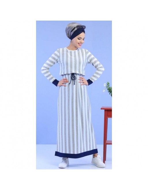 Robe pas cher longue décontractée à rayures grises pour femme Robe pas cher longue décontractée à rayures grises pour femme