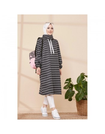Tunique longue et ample à rayures pour femme (Vêtement décontracté pour Hijab) - Couleur anthracite 