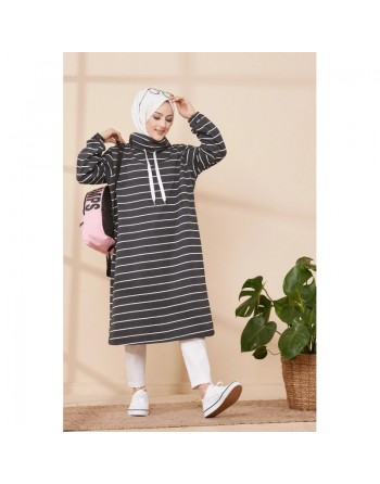Tunique longue et ample à rayures pour femme (Vêtement décontracté pour Hijab) - Couleur anthracite 