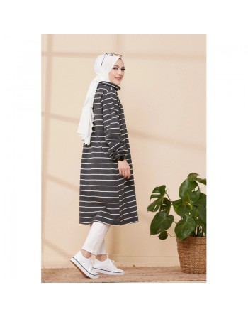 Tunique longue et ample à rayures pour femme (Vêtement décontracté pour Hijab) - Couleur anthracite 