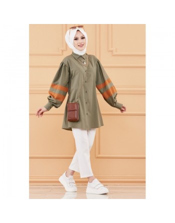 Chemise-Tunique ample à manches décorées (Vêtement chic femme voilée Paris) - Couleur kaki et brique 
