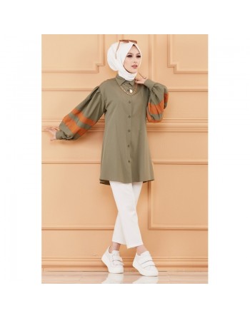 Chemise-Tunique ample à manches décorées (Vêtement chic femme voilée Paris) - Couleur kaki et brique 