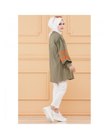 Chemise-Tunique ample à manches décorées (Vêtement chic femme voilée Paris) - Couleur kaki et brique 