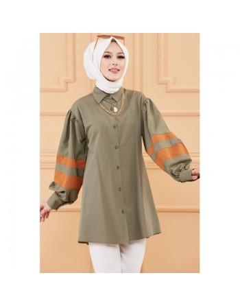 Chemise-Tunique ample à manches décorées (Vêtement chic femme voilée Paris) - Couleur kaki et brique 