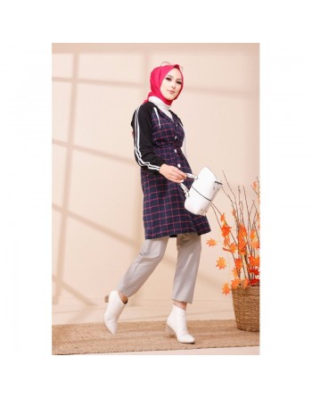 Tunique avec capuche pour femme (Vêtement hijab moderne) - Couleur noir, bleu marine à rayures roses 