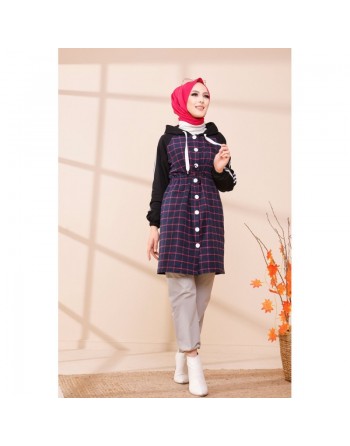 Tunique avec capuche pour femme (Vêtement hijab moderne) - Couleur noir, bleu marine à rayures roses 