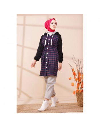 Tunique avec capuche pour femme (Vêtement hijab moderne) - Couleur noir, bleu marine à rayures roses 