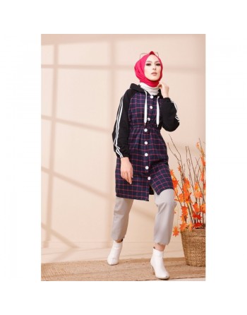 Tunique avec capuche pour femme (Vêtement hijab moderne) - Couleur noir, bleu marine à rayures roses 