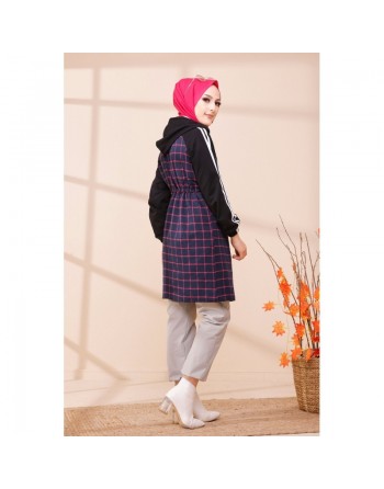 Tunique avec capuche pour femme (Vêtement hijab moderne) - Couleur noir, bleu marine à rayures roses 