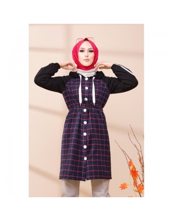 Tunique avec capuche pour femme (Vêtement hijab moderne) - Couleur noir, bleu marine à rayures roses 