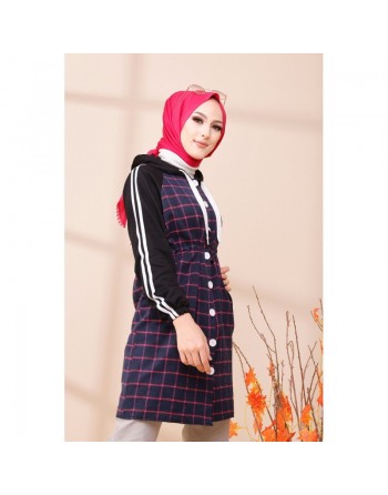 Tunique avec capuche pour femme (Vêtement hijab moderne) - Couleur noir, bleu marine à rayures roses 