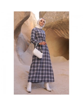 Robe à carreaux (Vêtements hijab pour femmes) - Couleur gris et bleu marine 