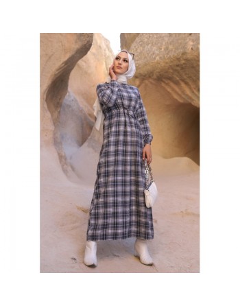 Robe à carreaux (Vêtements hijab pour femmes) - Couleur gris et bleu marine 