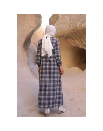 Robe à carreaux (Vêtements hijab pour femmes) - Couleur gris et bleu marine 