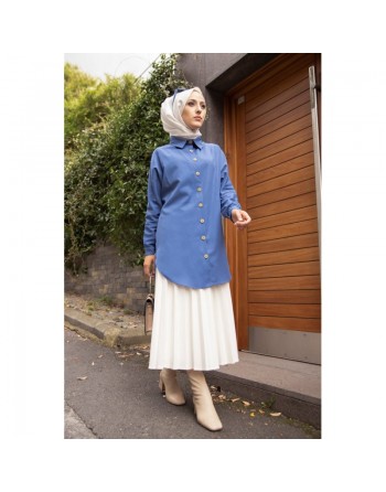 Chemise longe pour femme (Tunique boutonnée chic pour hijab) - Couleur bleu pétrole 