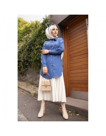 Chemise longe pour femme (Tunique boutonnée chic pour hijab) - Couleur bleu pétrole 