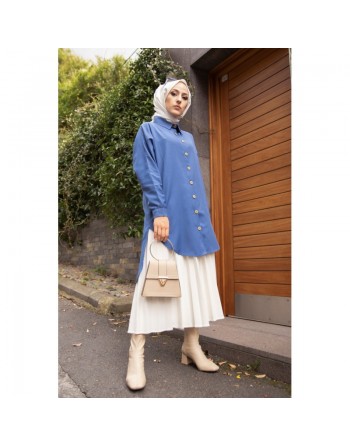 Chemise longe pour femme (Tunique boutonnée chic pour hijab) - Couleur bleu pétrole 