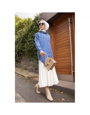 Chemise longe pour femme (Tunique boutonnée chic pour hijab) - Couleur bleu pétrole 
