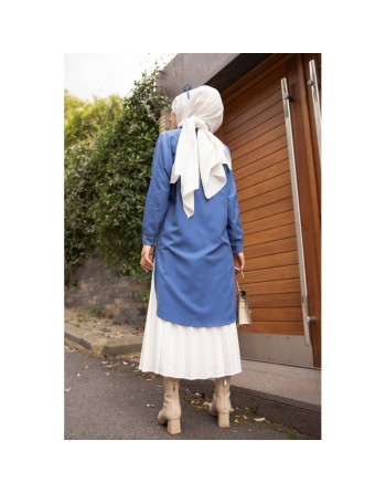 Chemise longe pour femme (Tunique boutonnée chic pour hijab) - Couleur bleu pétrole 