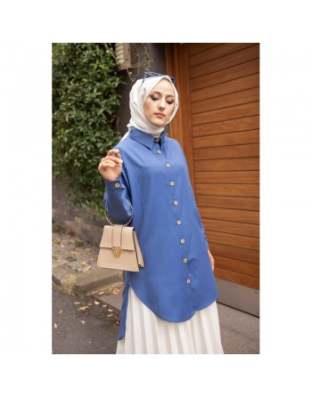 Chemise longe pour femme (Tunique boutonnée chic pour hijab) - Couleur bleu pétrole 