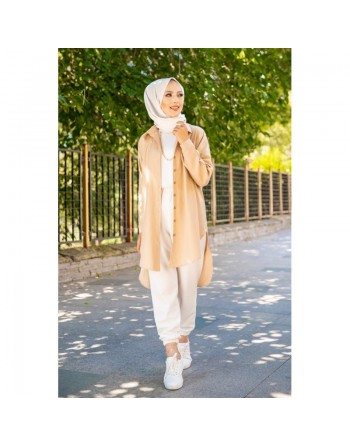 Chemise longe pour femme (Vêtement style chic pour hijab) - Couleur beige 