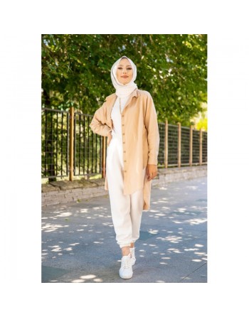 Chemise longe pour femme (Vêtement style chic pour hijab) - Couleur beige 