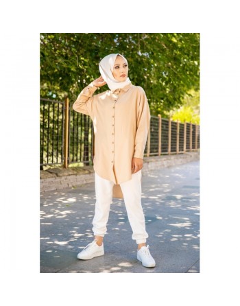 Chemise longe pour femme (Vêtement style chic pour hijab) - Couleur beige 