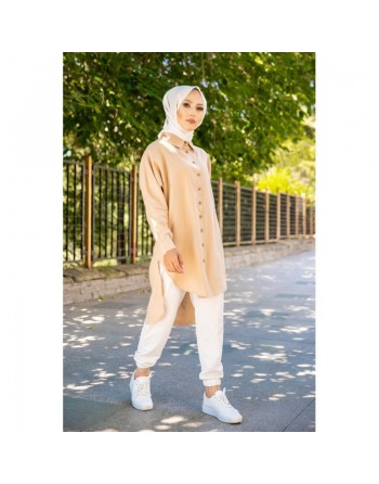 Chemise longe pour femme (Vêtement style chic pour hijab) - Couleur beige 