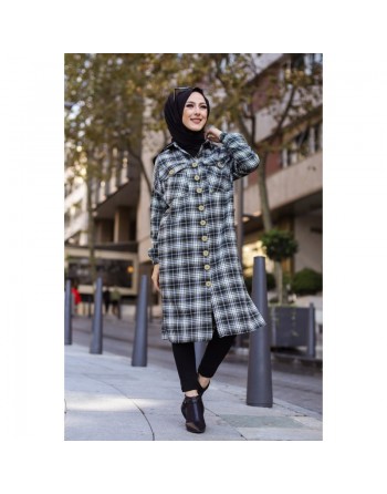 Chemise longue à carreaux (Vêtement hijab boutique en ligne) - Couleur noir et kaki 