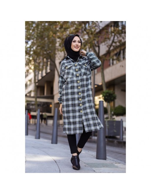 Chemise longue à carreaux (Vêtement hijab boutique en ligne) - Couleur noir et kaki Chemise longue à carreaux (Vêtement hijab boutique en ligne) - Couleur noir et kaki