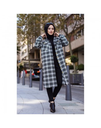 Chemise longue à carreaux (Vêtement hijab boutique en ligne) - Couleur noir et kaki 