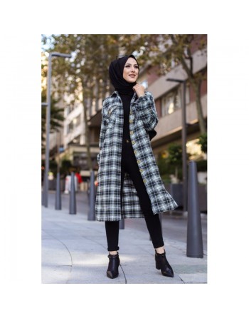 Chemise longue à carreaux (Vêtement hijab boutique en ligne) - Couleur noir et kaki 