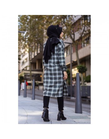 Chemise longue à carreaux (Vêtement hijab boutique en ligne) - Couleur noir et kaki 