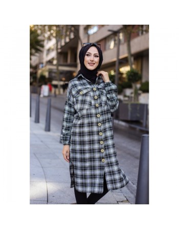 Chemise longue à carreaux (Vêtement hijab boutique en ligne) - Couleur noir et kaki 