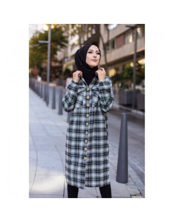Chemise longue à carreaux (Vêtement hijab boutique en ligne) - Couleur noir et kaki 