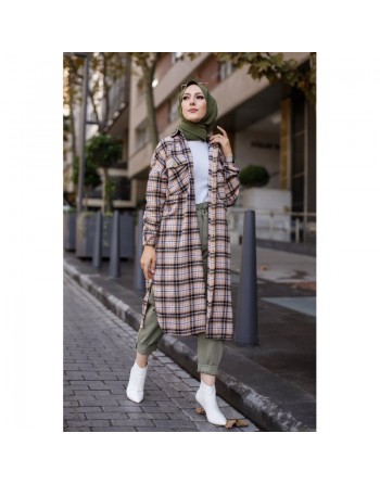 Chemise longue à carreaux (Vêtements modernes pour femmes voilées - Boutique en ligne) - Couleur anthracite et vison 