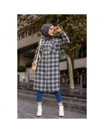 Chemise longue à carreaux pour femme (Vêtement musulmane Paris) - Couleur anthracite et écru 
