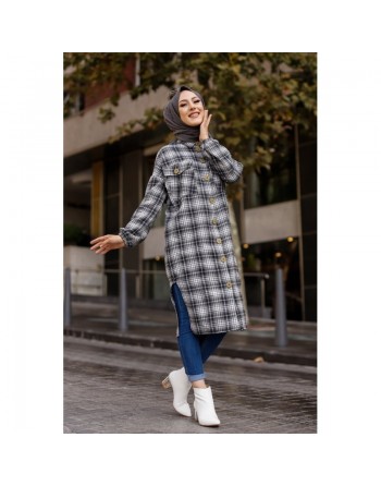 Chemise longue à carreaux pour femme (Vêtement musulmane Paris) - Couleur anthracite et écru 