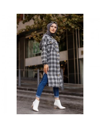 Chemise longue à carreaux pour femme (Vêtement musulmane Paris) - Couleur anthracite et écru 