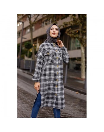 Chemise longue à carreaux pour femme (Vêtement musulmane Paris) - Couleur anthracite et écru 