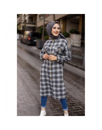 Chemise longue à carreaux pour femme (Vêtement musulmane Paris) - Couleur anthracite et écru 