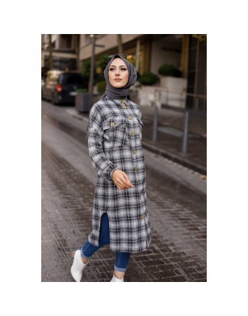 Chemise longue à carreaux pour femme (Vêtement musulmane Paris) - Couleur anthracite et écru 