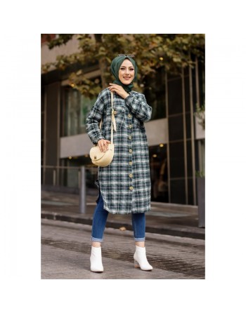 Chemise longue à carreaux (Vetement pour musulmane tendance fashion 2024) - Couleur noir et vert 