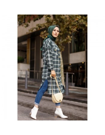 Chemise longue à carreaux (Vetement pour musulmane tendance fashion 2024) - Couleur noir et vert 