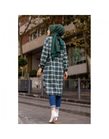 Chemise longue à carreaux (Vetement pour musulmane tendance fashion 2024) - Couleur noir et vert 