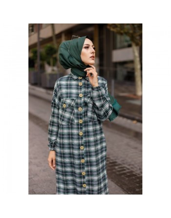 Chemise longue à carreaux (Vetement pour musulmane tendance fashion 2024) - Couleur noir et vert 